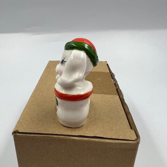 Vintage Glazed Ceramic Christmas Puppy in Stocking Holly Berry Gold Bell Mini - Picture 6 of 7